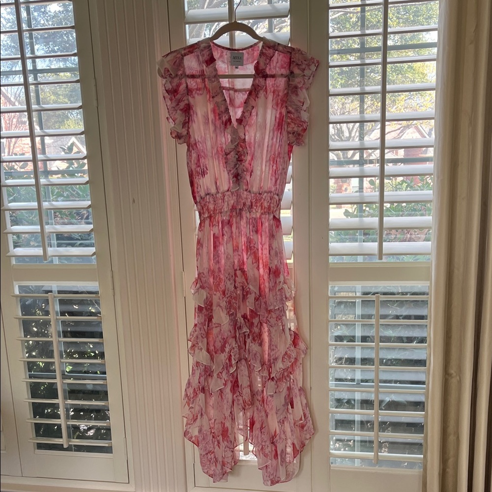 Aqua Pink & White Floral Ruffle Maxi Dress